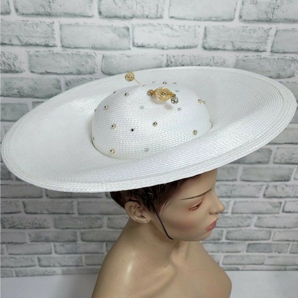 Vintage 80s 90s TIM CRAWFORD‎ White Straw Rhinestone Beaded Derby Cartwheel Hat main image 5